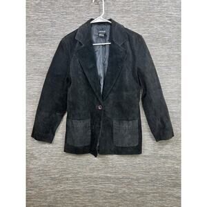 Savannah Leather Suede Blazer Women 6P Black 1 Button Patch Pocket Lined Jacket